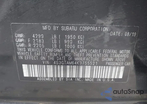 2019 Subaru Impreza 2.0I Sport из США, поврежденный, VIN 4S3GTAM64K3755521